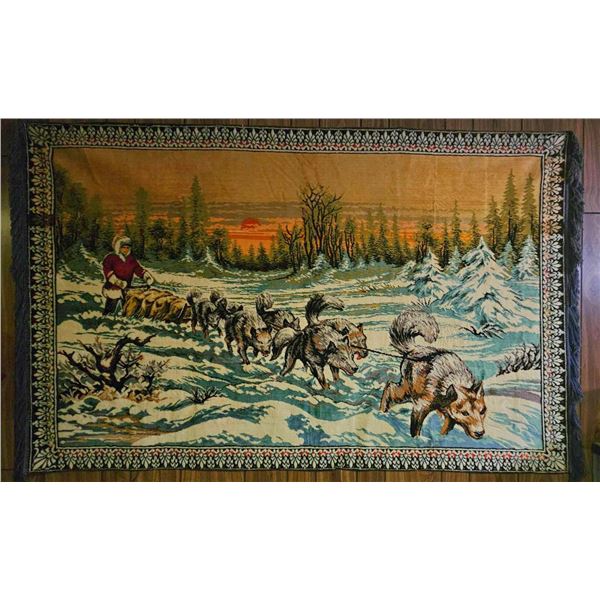 Woven Wall Tapestry with Sled Dogs and Musher Scene