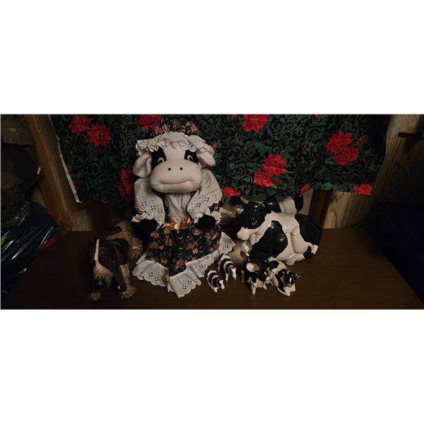 Decorative Cow Figurines, Cookie Jar, and Basset Hound Figure