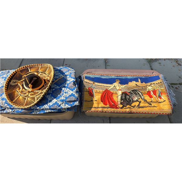 Mexican Sombrero, Blue Damask Curtains, and Bullfighting Tapestry