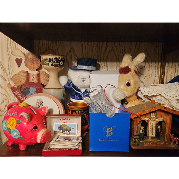 Collectibles Lot: Piggy Bank, Thermometer, Crystal Vase, Toys