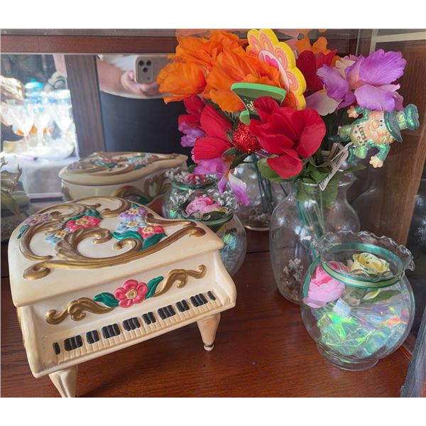 Decorative Ceramic Piano Box and Assorted Glass Vases with Artificial Flowers