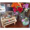 Image 1 : Decorative Ceramic Piano Box and Assorted Glass Vases with Artificial Flowers