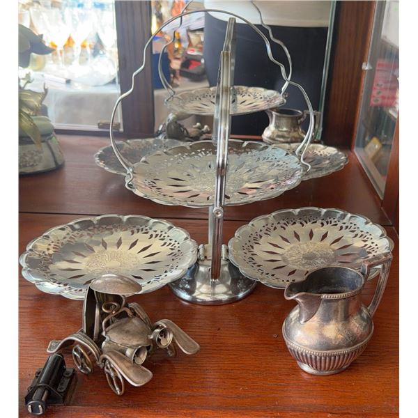 Silver Plated Creamer, Mechanical Napkin Holder, and Tiered Tray Set