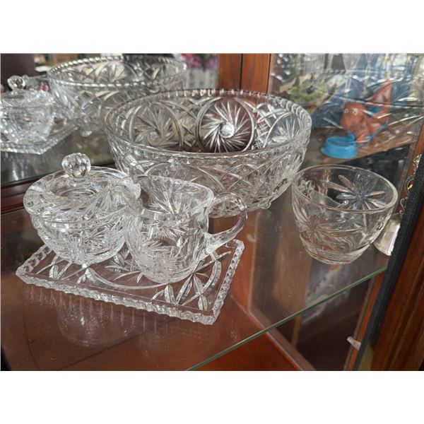 Pressed Glass Table Set with Creamer, Sugar Bowl, Tray, and Serving Bowl