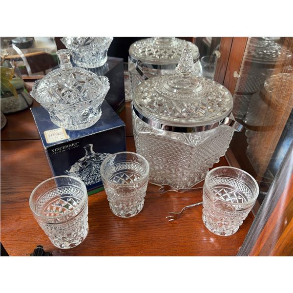 Anchor Hocking Wexford 6 Piece Bar Set and Vincennes Crystal Covered Dish