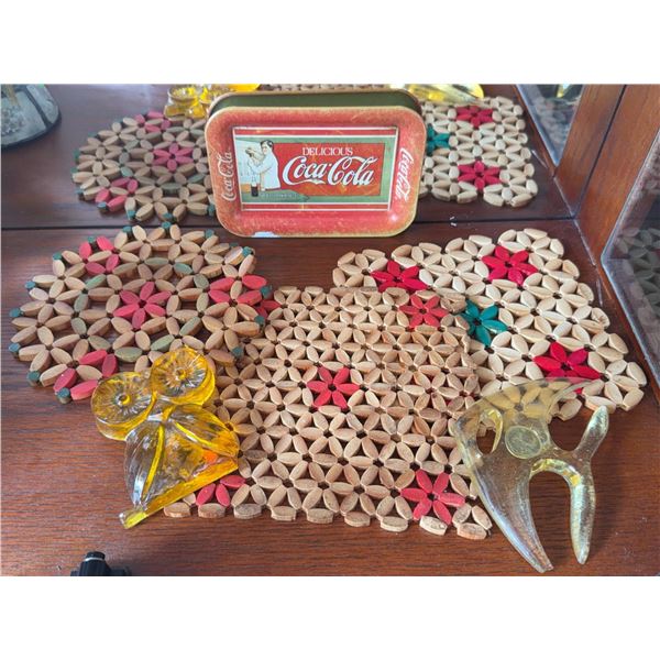 Coca-Cola Tin Tray, Amber Resin Owl, Fish, and Wood Trivets Lot