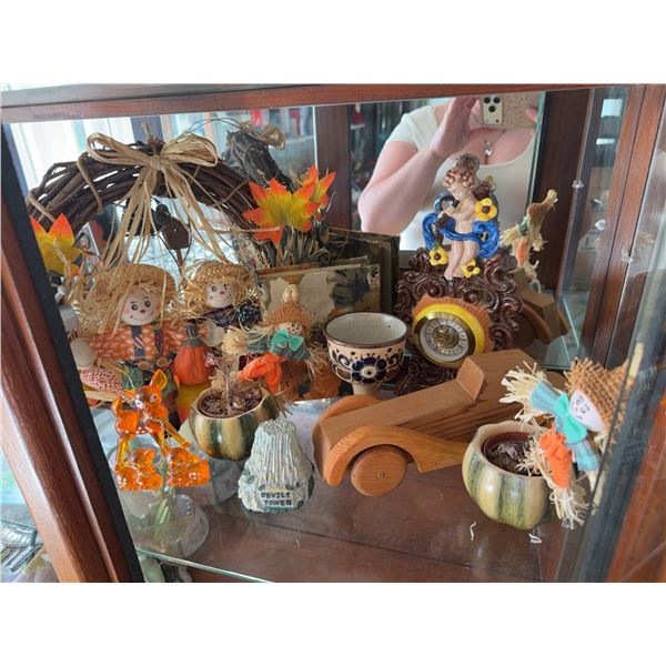 Decorative Shelf Lot: Figurines, Clock, Pottery, Wood Car, Wreath