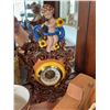 Image 3 : Decorative Shelf Lot: Figurines, Clock, Pottery, Wood Car, Wreath
