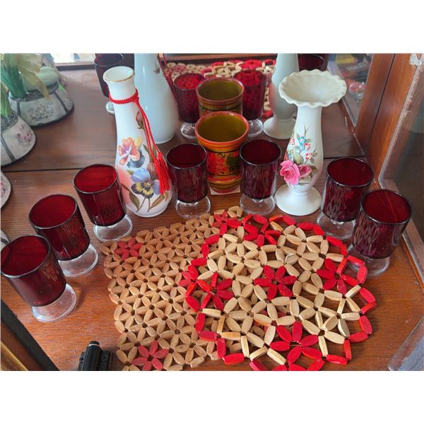 Red Glass Goblets, Floral Vases, and USSR Wooden Cup