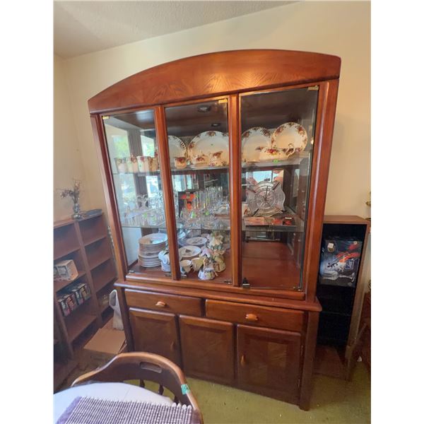Wood and Glass Lighted China Cabinet with Storage Drawers and Shelves