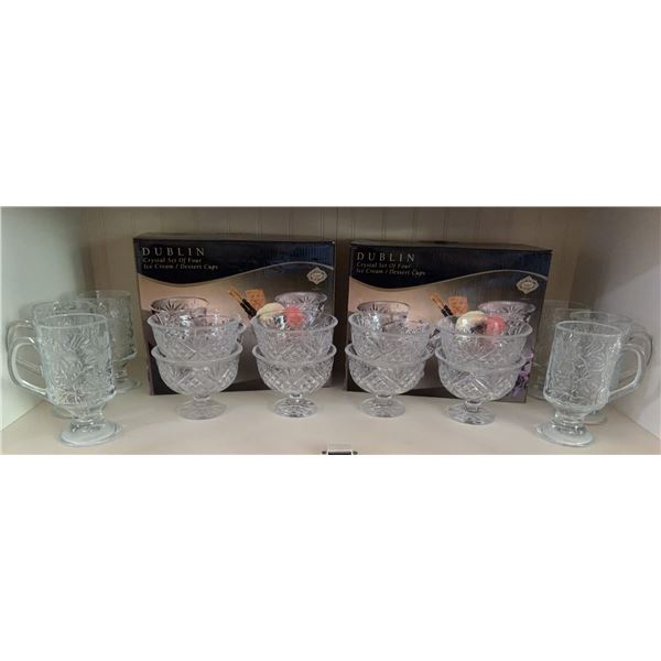 Dublin Crystal Ice Cream/Dessert Cups and Embossed Glass Mugs Set