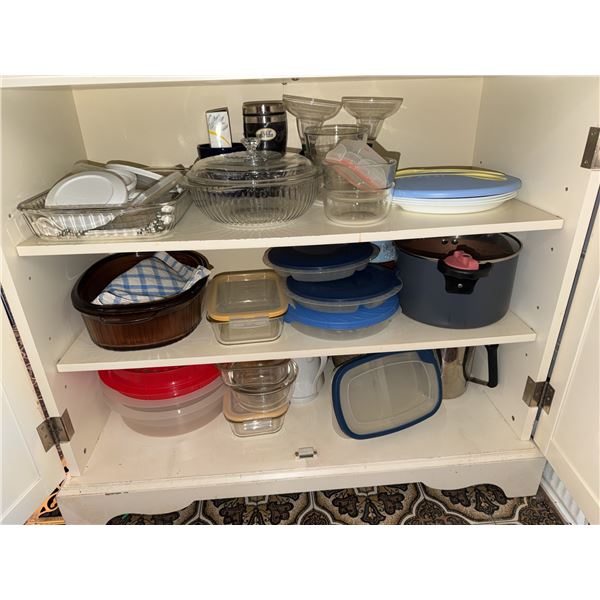 Contents of Cupboard Including Glass Cookware, Stoneware and Glass Teapots, Storage Containers
