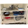 Image 1 : Contents of Cupboard Including Glass Cookware, Stoneware and Glass Teapots, Storage Containers