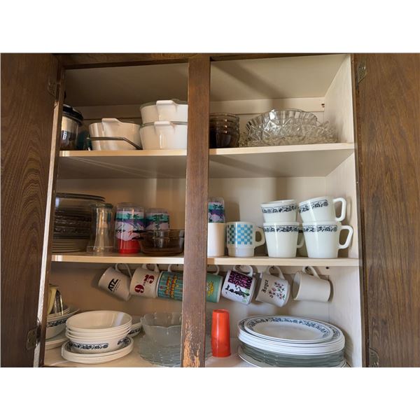 Contents of Cupboard Including Pyrex, Corelle, and Glassware