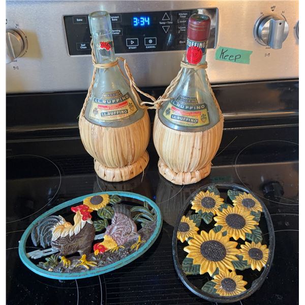 Cast Iron Pot Holders and Il Ruffino Vintage Wine Bottles