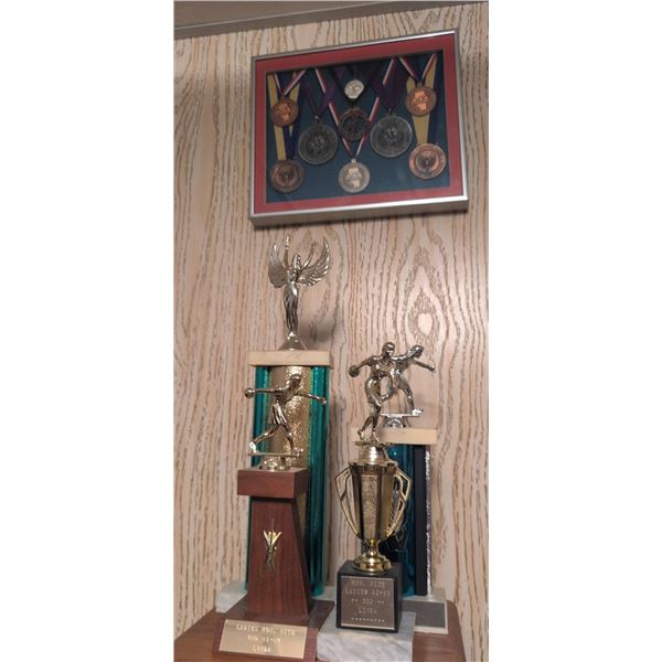 Bowling Trophies and Framed Athletics Medals Collection