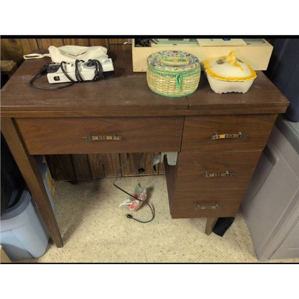 Sewing Desk With Two Vintage Sewing Machines, Proctor Silex Iron, Sewing Accessories