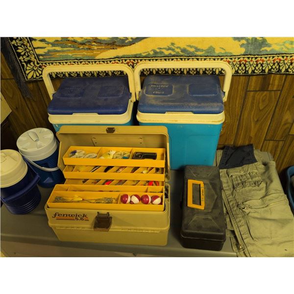 Camping and Fishing Gear Lot With Bugle Boy Vest, Coolers, Tackle Boxes