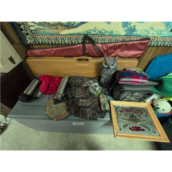 Hunting and Outdoor Gear Lot: Cabela's Camouflage, Thermoses, Winchester Sign