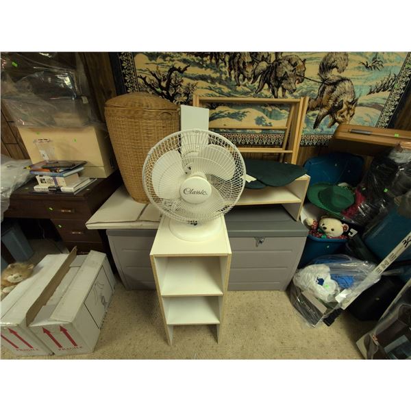 Lot: Fan, Rubbermaid Shelf, Wicker Hamper, Wood Racks