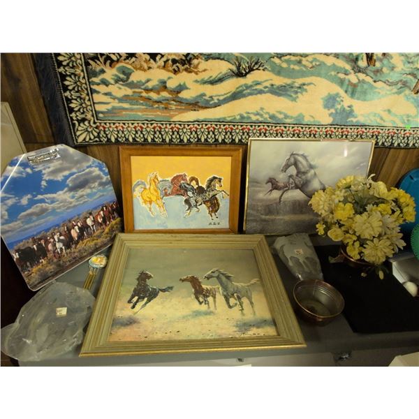 Horse Artwork, Tray, Metal Decor, and Faux Flowers Lot