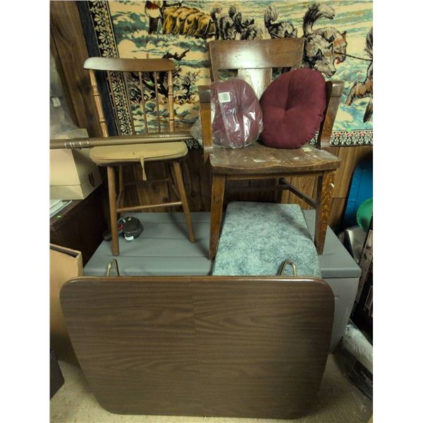Wood Chairs, Cushions, Carpet Mats, and Folding Table