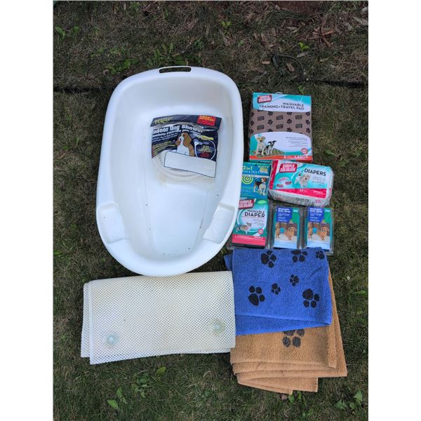 Pet Bath and Care Lot With Dog Tub, Diapers, Towels, and Pads