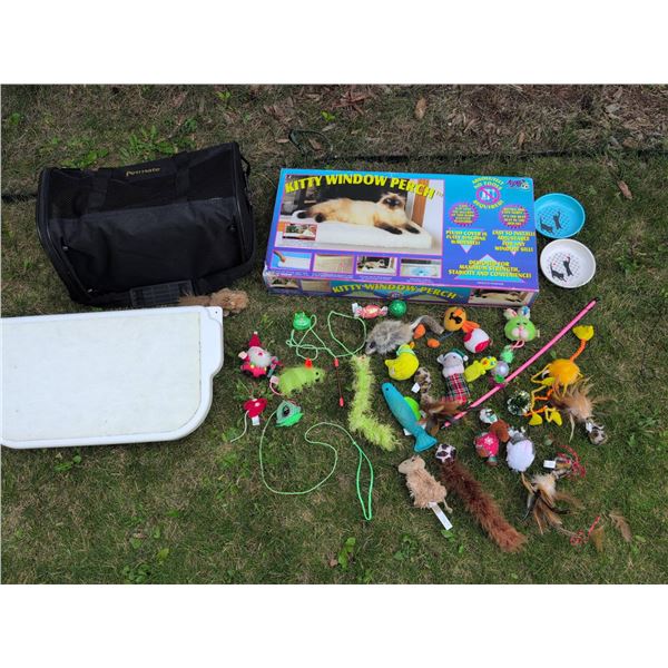 Cat Accessory Lot With Window Perch, Petmate Carrier, Toys and Bowls