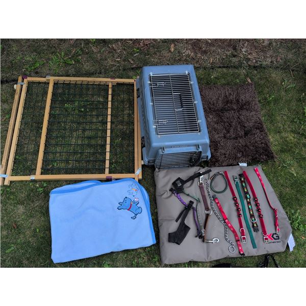 Pet Carrier, Gate, Blanket, Leashes, Collars, and Mats Lot