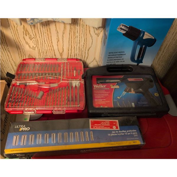 Tool Lot: Drill Bit Set, Weller Soldering Gun, Ultra Pro Socket Set, Hot Air Gun
