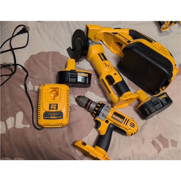 DeWalt 18V Cordless Drill, Angle Grinder, Batteries and Charger Set