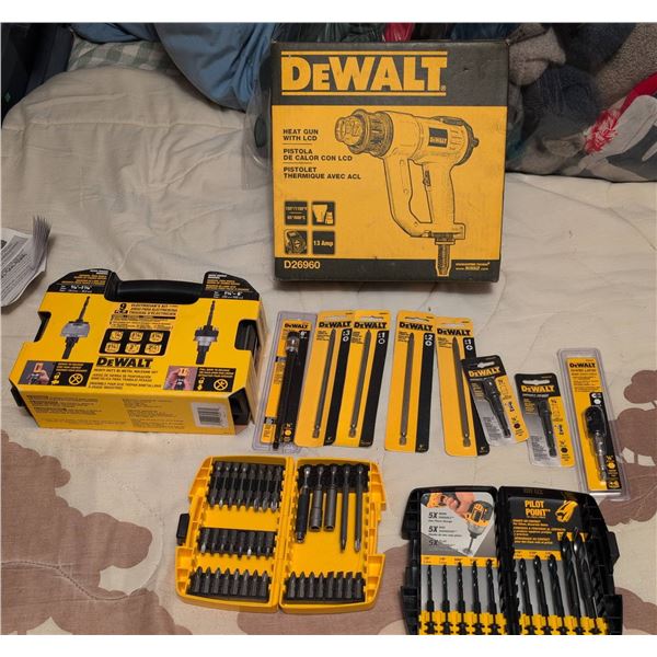 DeWalt Tool Lot with Heat Gun, Drill Bit Sets, Hole Saw, and Accessories