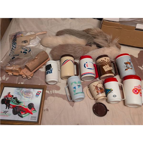 Plastic Mugs, Framed Racing Print, Wooden Toys, and Faux Fur Tails