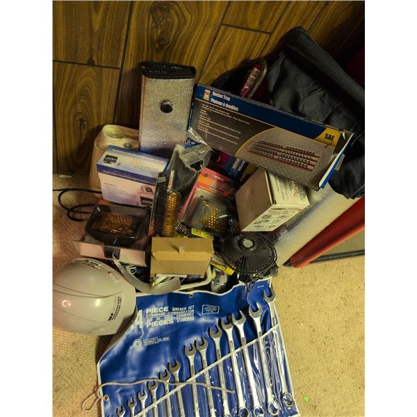 Automotive and Construction Mixed Lot: Tools, Lights, Hard Hat, LCD Monitor