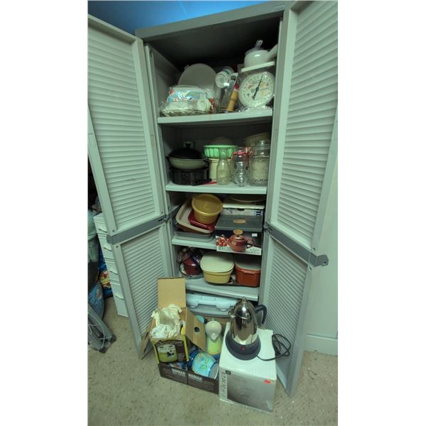 Kitchenware Items Including Teapot, Glassware, Tupperware, and Electric Percolator