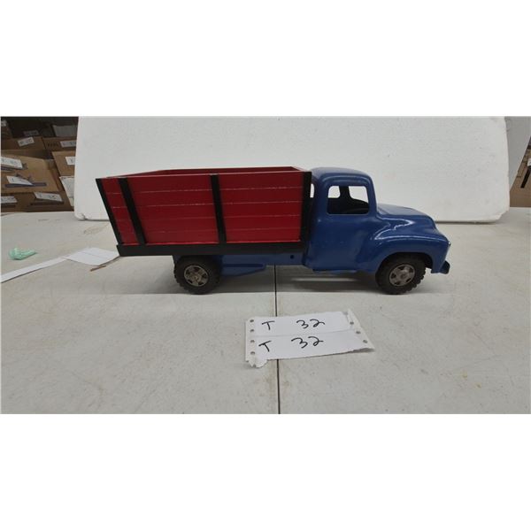 Vintage Structo Stake-Side Pressed-Metal Truck, Blue Cab and Red Bed, 14” Long