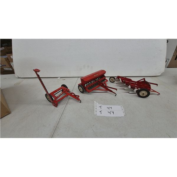 Tru-Scale Pressed Steel Sickle Mower, Grain Drill, and 4-Bottom Plow, circa