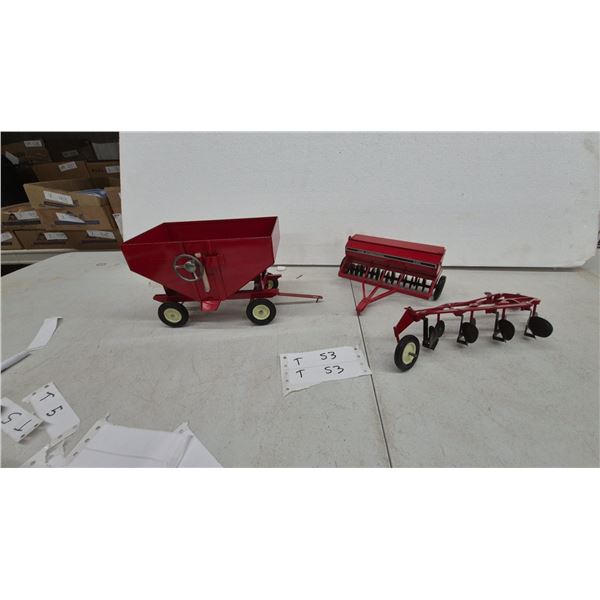 Red Grain Wagon, Case International 5100 Grain Drill, and International 4B Plow Toys. Metal or