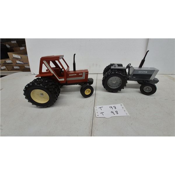 Hesston 1380 with Cab and White 700 Die-Cast Toy Tractors. Die-Cast and plastic