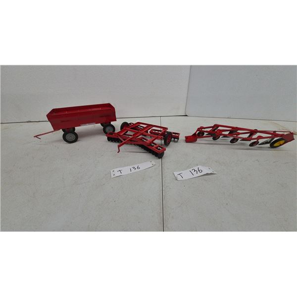 Massey-Ferguson Toy Grain Wagon, Disc Harrow, and 4-Bottom Pull-Type Moldboard Plow