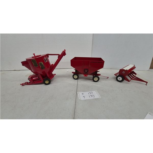 International Harvester Die-Cast Toy Feed Mixer, Gravity Wagon, and Seeder with IH Branding