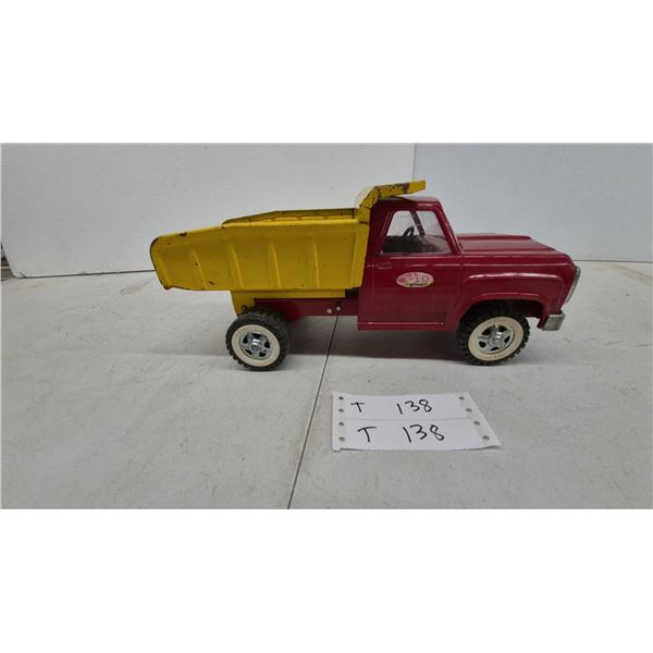 Tonka Red and Yellow Dump Truck, White Wall Tires, Tonka Logo on Door metal. 14” long