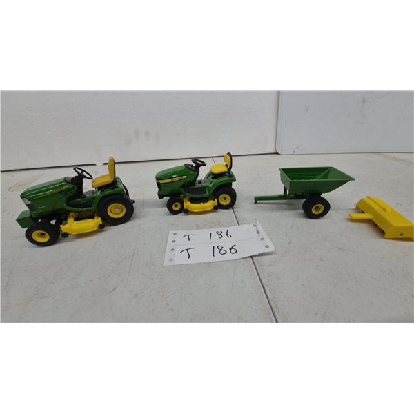 John Deere X485 and X324 Toy Lawn Tractors with Utility Trailer and roto tiller Implement