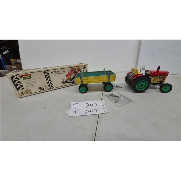 KOVAP Czechoslovakia Zetor Wind-Up Tin Tractor and Trailer Set with Key and