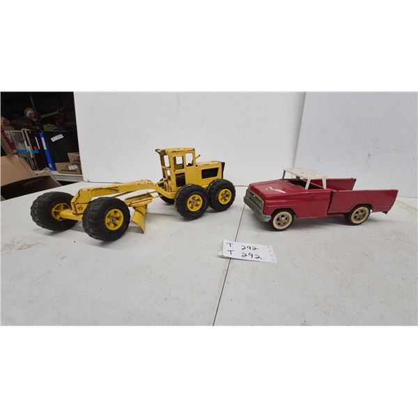 Vintage Tonka Pressed Steel Yellow Motor Grader and tonka Red Ford F-100 Style Pickup Truck