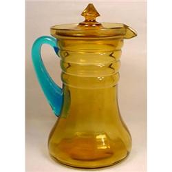 VINTAGE ART GLASS PITCHER W/ LID - Approx. 9" tall