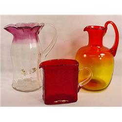 LOT OF 3 VINTAGE ART GLASS PITCHERS