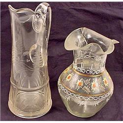 LOT OF 2 VINTAGE GLASS PITCHERS - 1 Hand Painted