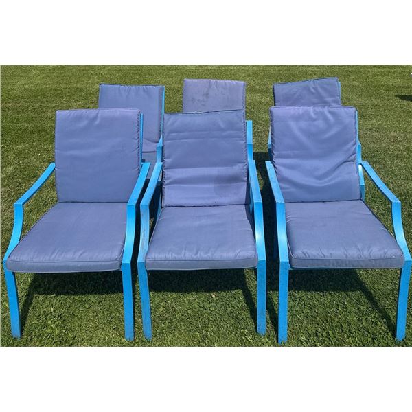 Six Blue Metal Patio Chairs with Cushions