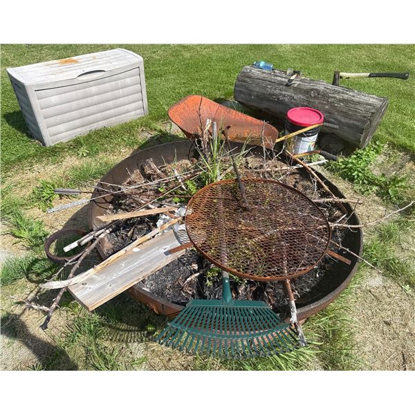 Outdoor Cast Iron Fire Pit Bowl with Grill, Storage Box, Log, Tools and Accessories